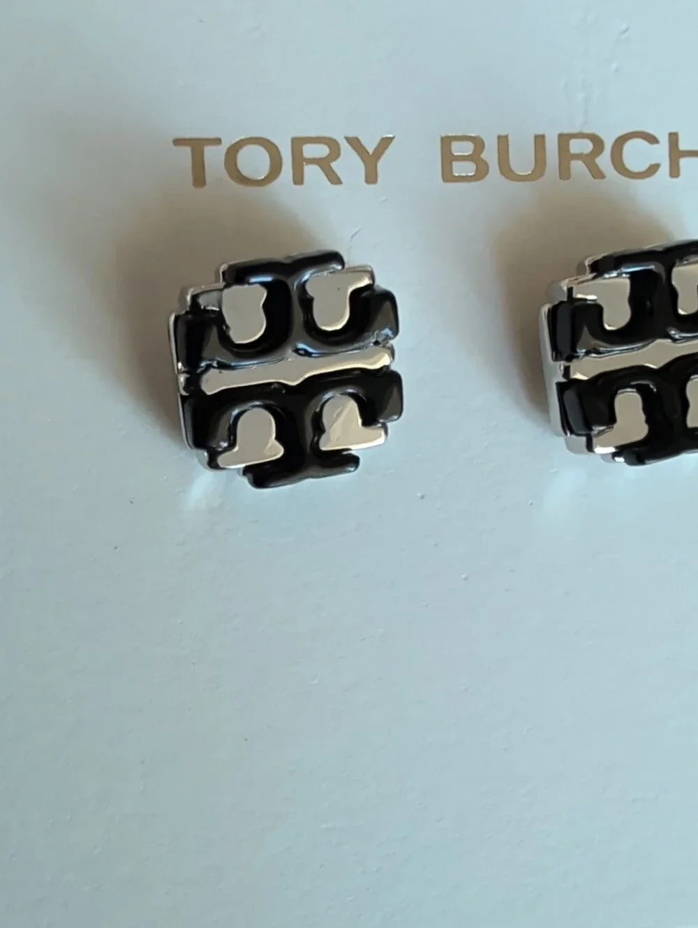 Tory Burch Silver Black Double T Logo Stud Earrings New (Orginal Value $88) W66